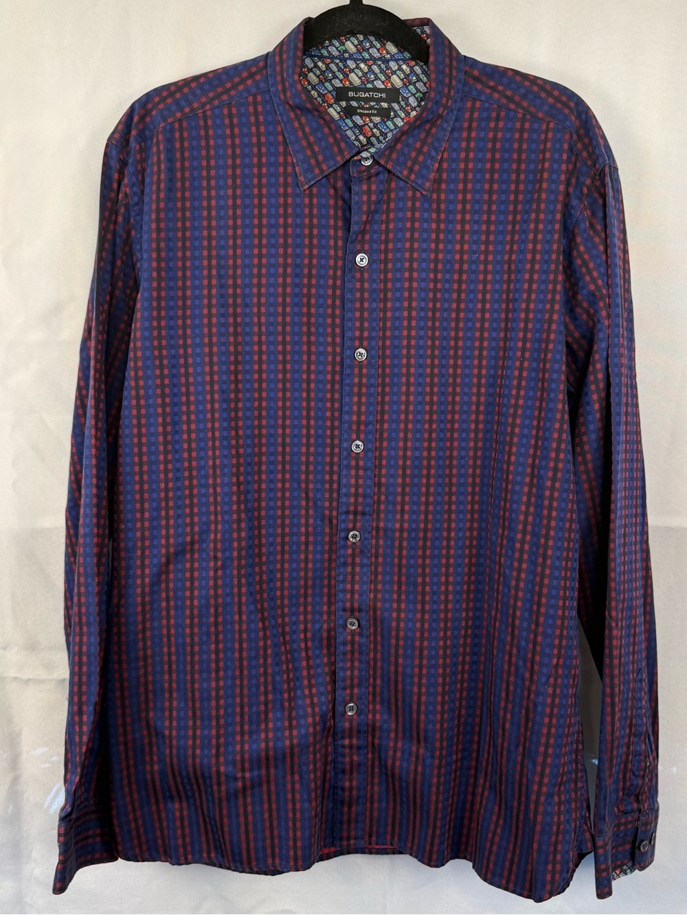 Bugatchi Shaped Fit Button Down Shirt Blue Red Check Large Cotton